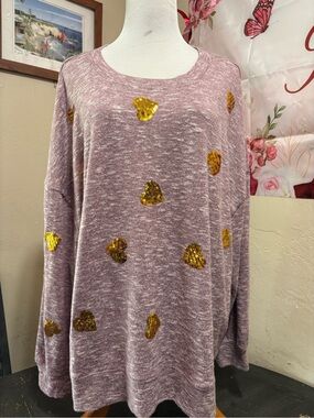 True self Women's Mauve Relaxed Pullover with Gold Sequin Hearts